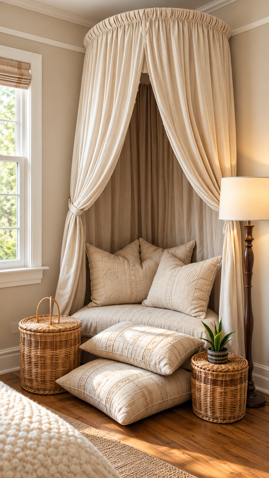 Cozy boho canopy reading nook in a corner