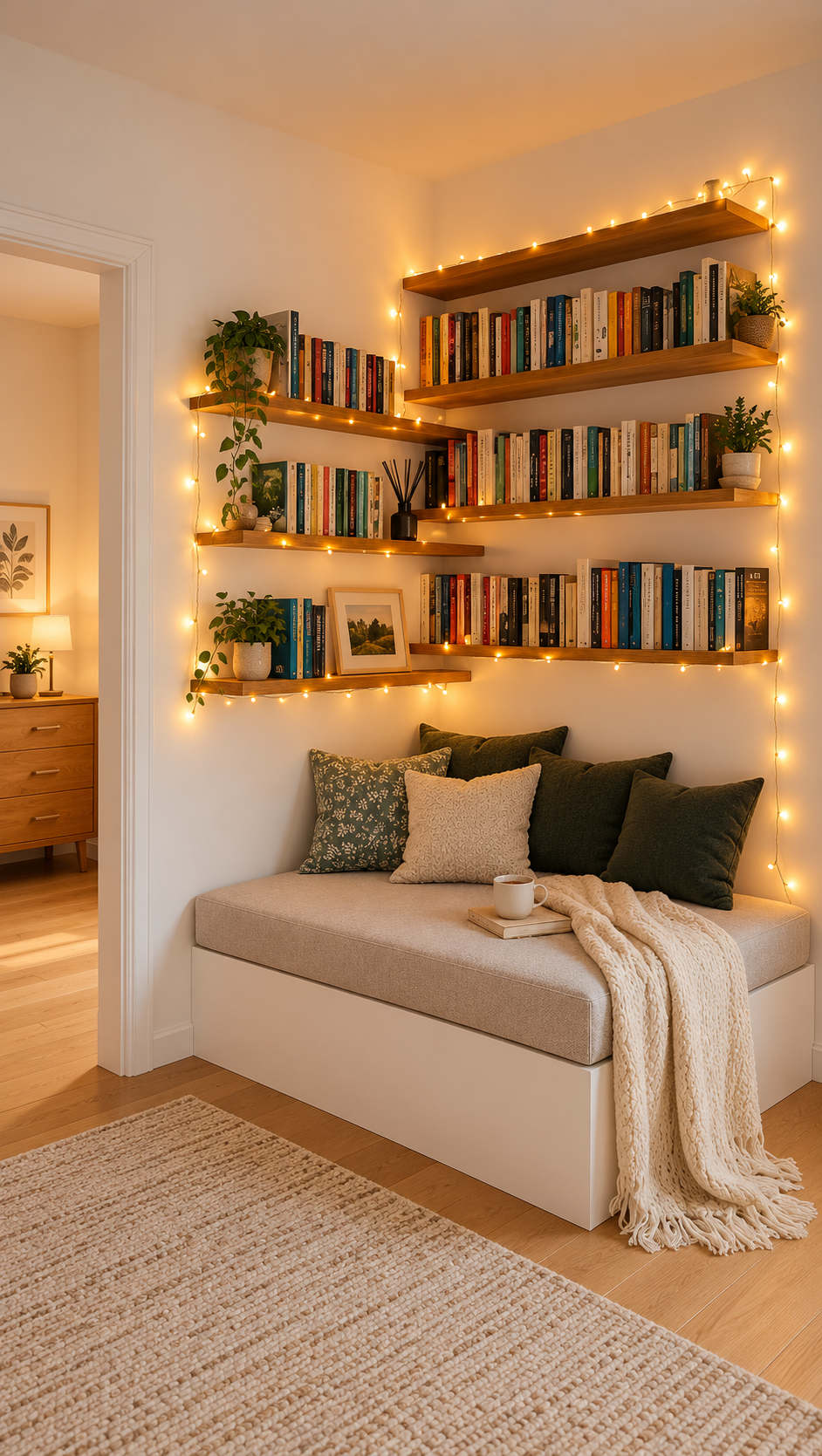 Reading nook with floating bookshelves
