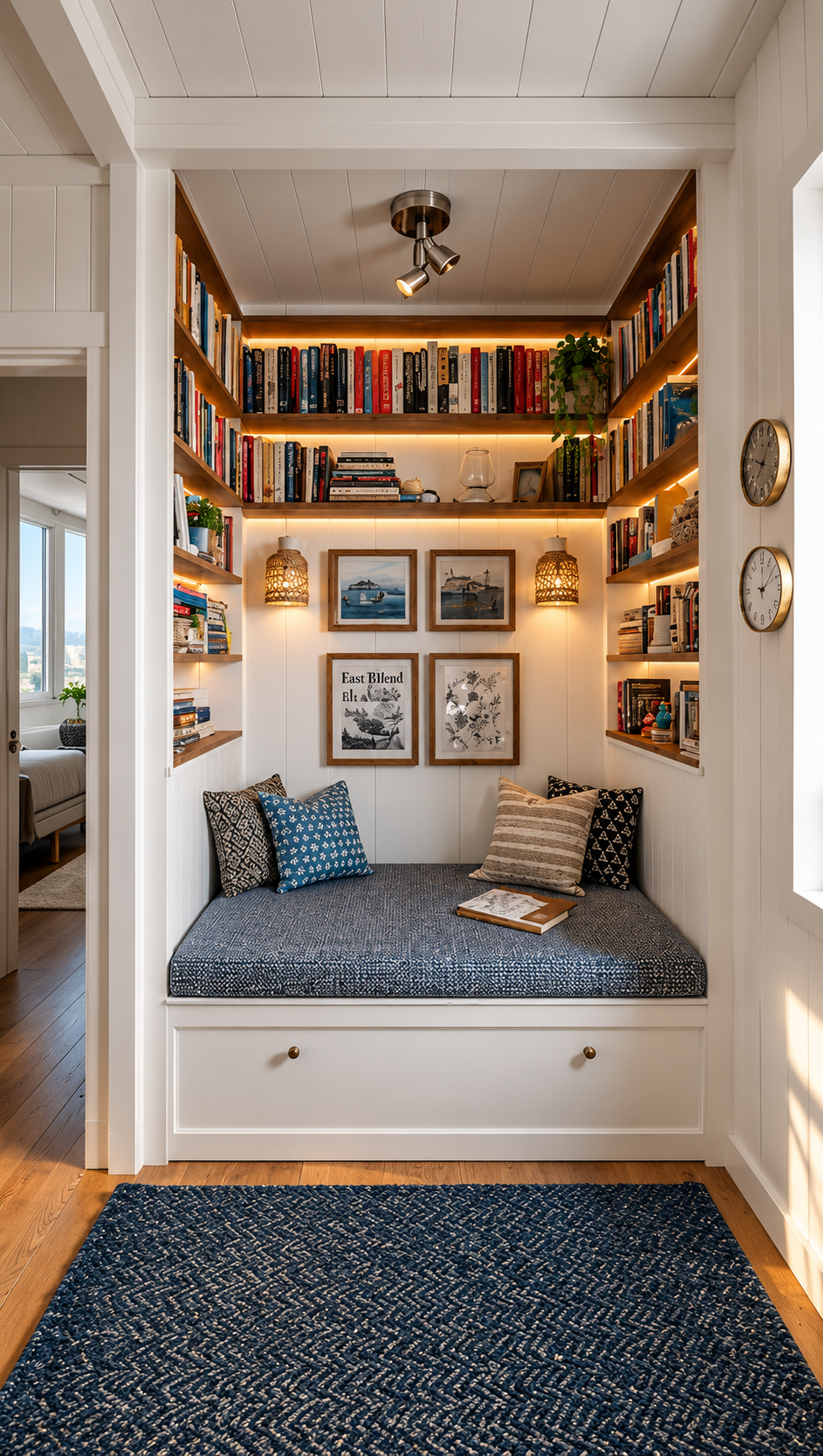 Cozy Scandinavian reading nook converted from a closet