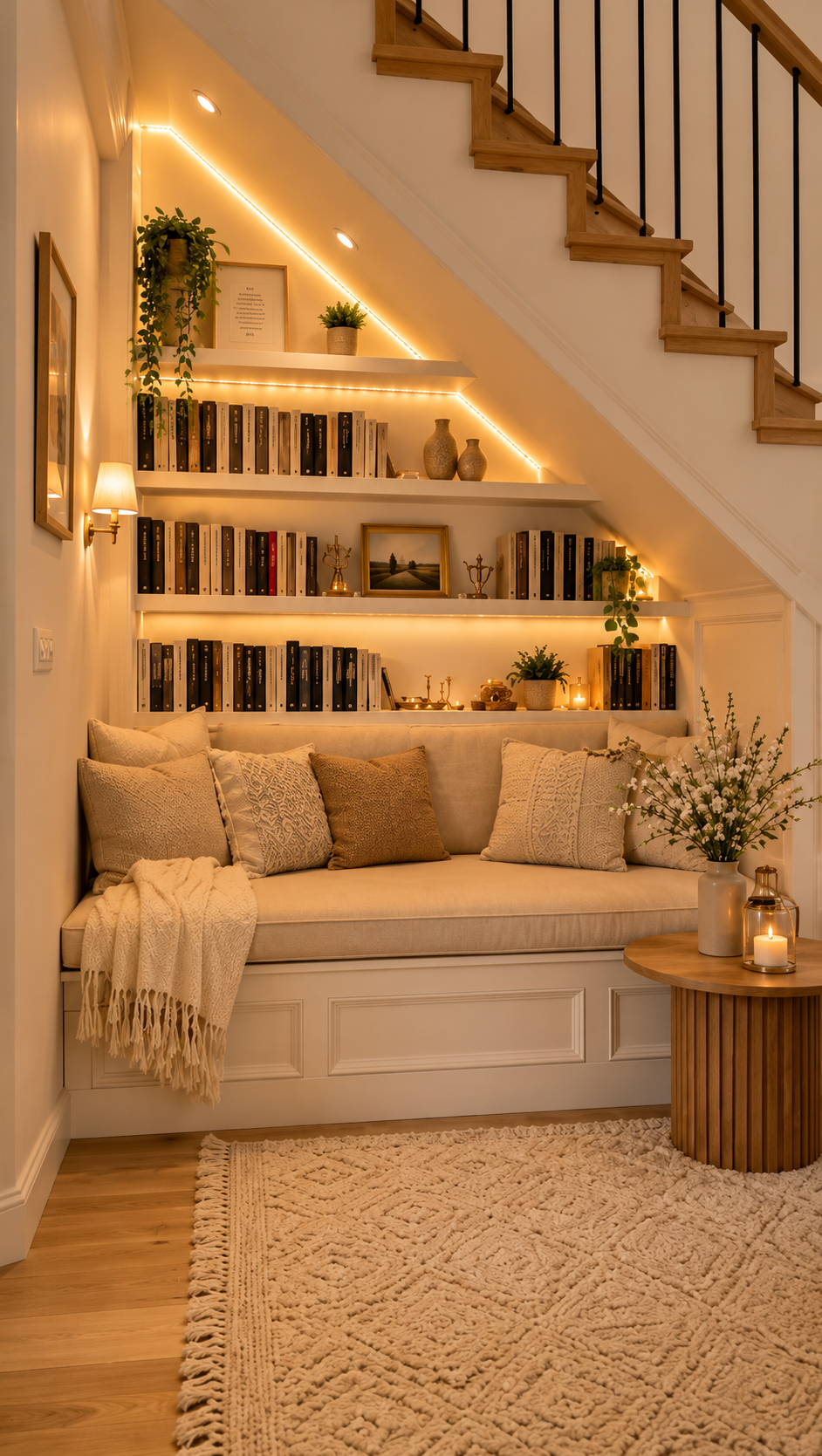 Cozy staircase reading nook under the stairs