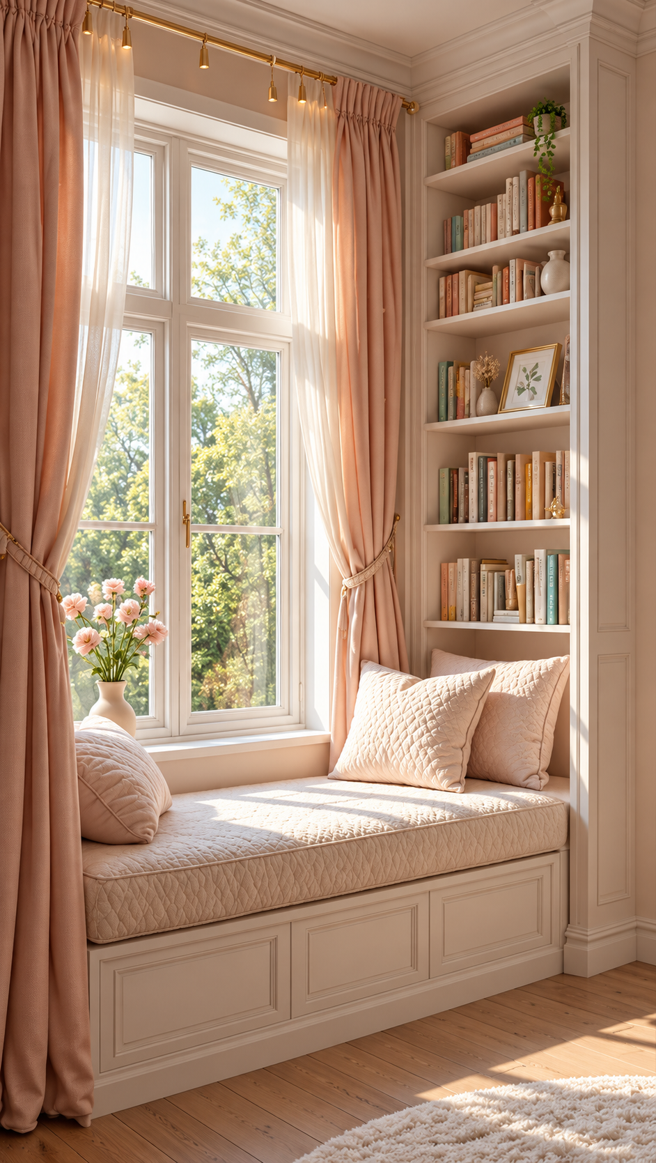 Sunlit blush window reading nook with cushions