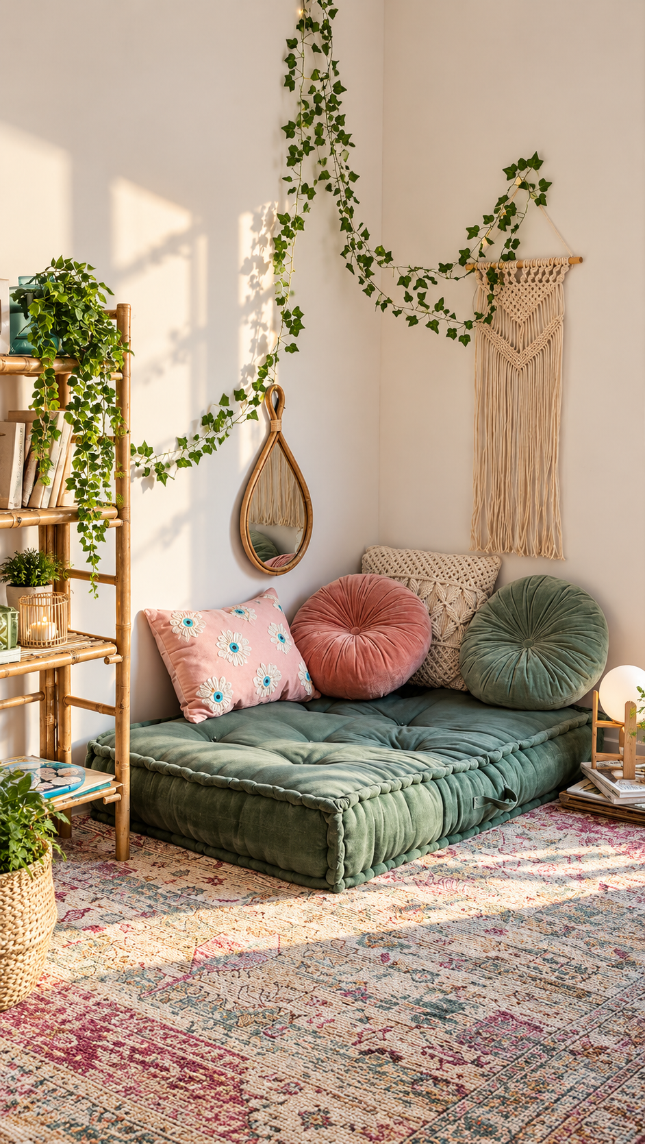 Sunlit boho reading nook with floor cushions and pallet