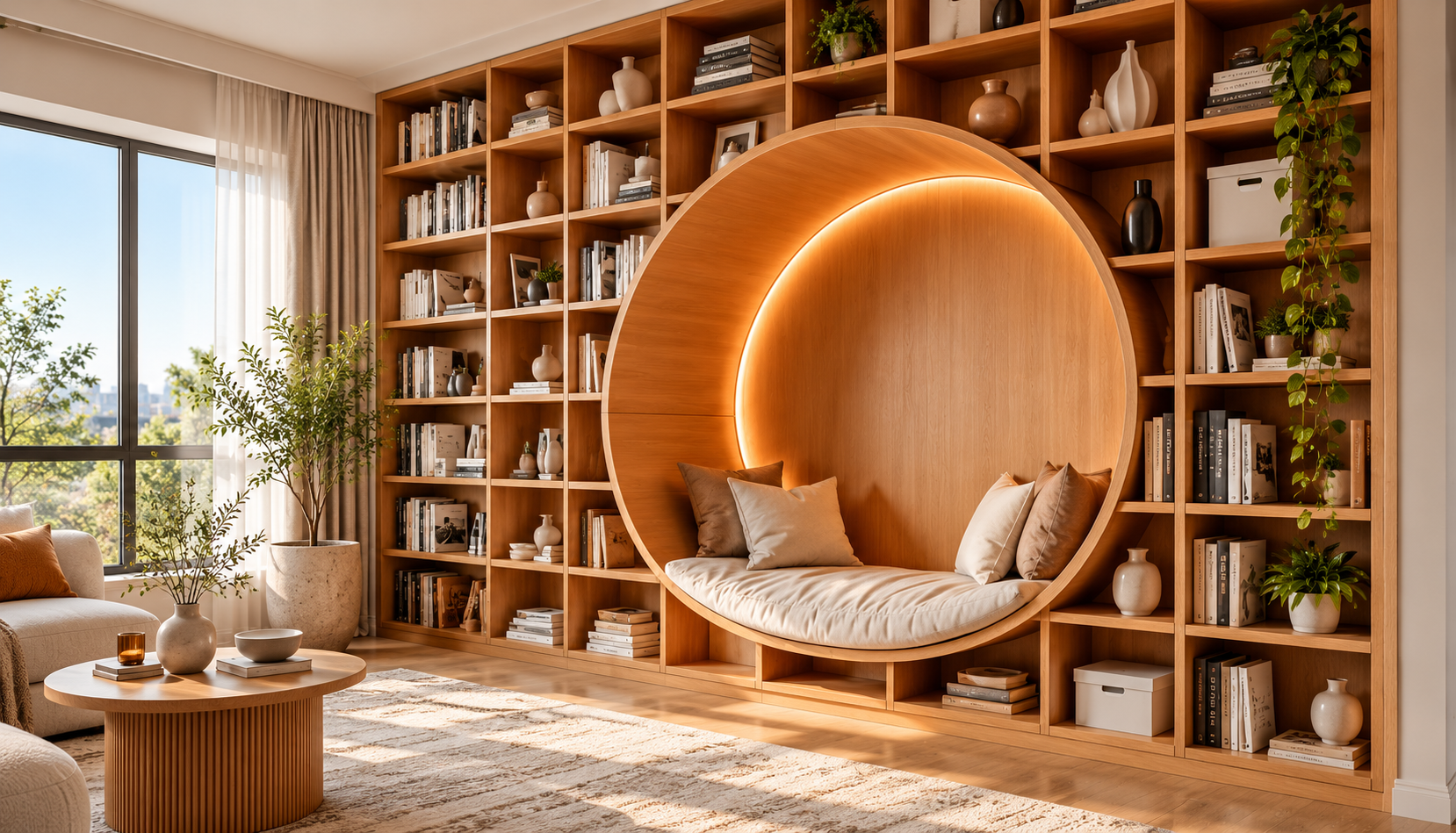 Warm oak reading nook library with cozy seating and bookshelves